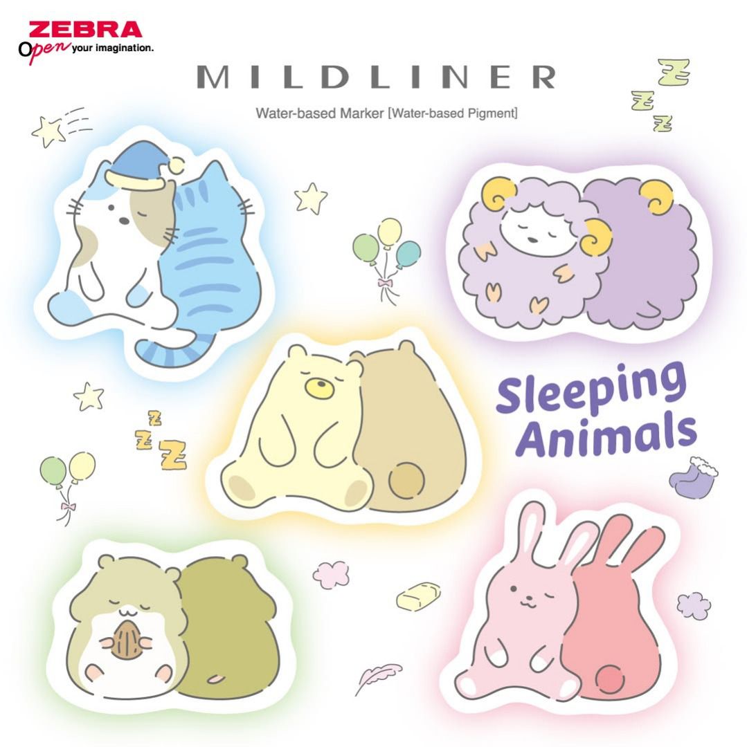 Zebra Sarasa Sleeping Animals Mildliner (Set of 3)