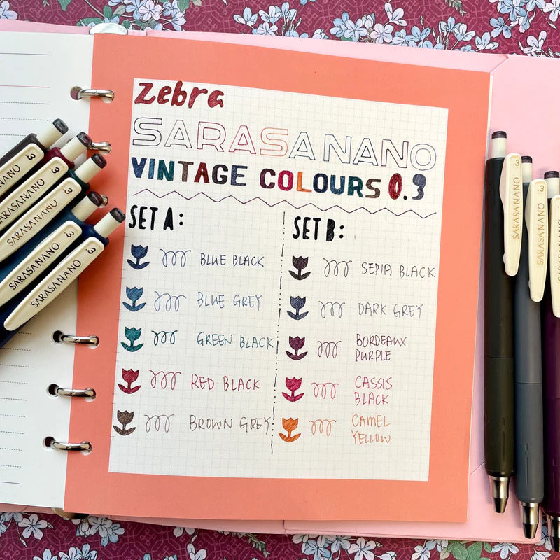 Zebra Sarasa Nano Vintage 0.3 Gel Pens (Set of 5)