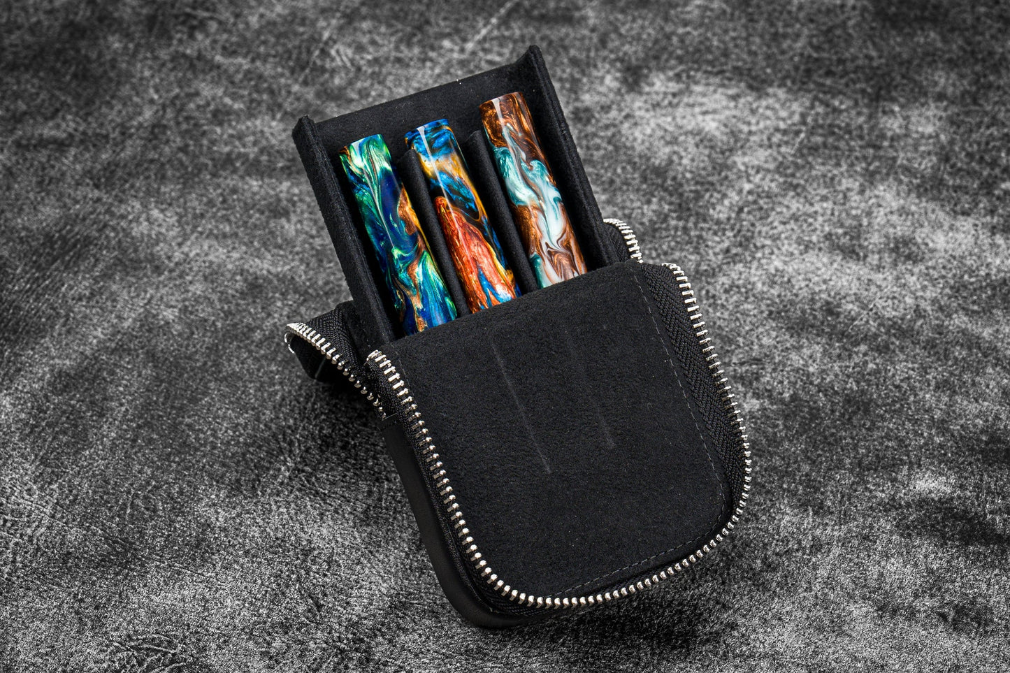 Galen Leather - Leather Zippered Magnum Opus 3 Slots Hard Pen Case with Removable Pen Tray