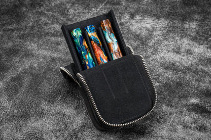 Galen Leather - Leather Zippered Magnum Opus 3 Slots Hard Pen Case with Removable Pen Tray