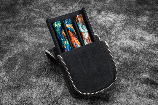 Galen Leather - Leather Zippered Magnum Opus 3 Slots Hard Pen Case with Removable Pen Tray