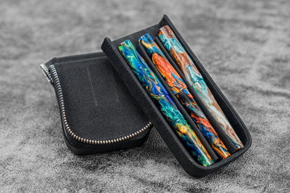 Galen Leather - Leather Zippered Magnum Opus 3 Slots Hard Pen Case with Removable Pen Tray