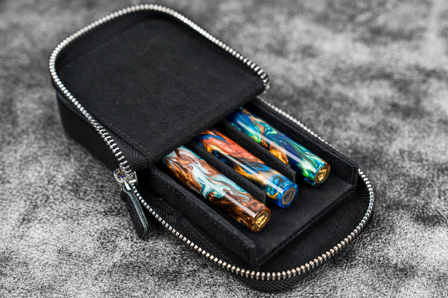 Galen Leather - Leather Zippered Magnum Opus 3 Slots Hard Pen Case with Removable Pen Tray