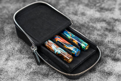 Galen Leather - Leather Zippered Magnum Opus 3 Slots Hard Pen Case with Removable Pen Tray