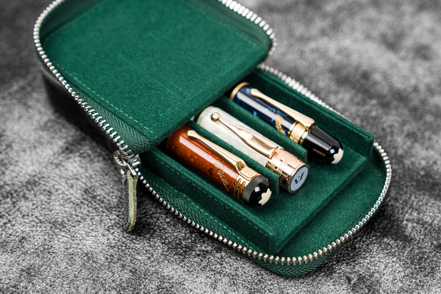 Galen Leather - Leather Zippered Magnum Opus 3 Slots Hard Pen Case with Removable Pen Tray