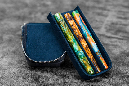 Galen Leather - Leather Zippered Magnum Opus 3 Slots Hard Pen Case with Removable Pen Tray