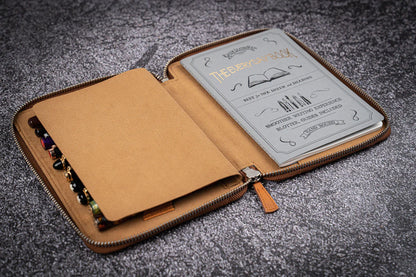 Galen Leather - Leather Zippered 10 Slots Pen Case with A5 Notebook Holder