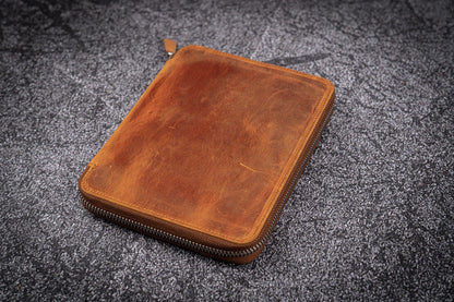 Galen Leather - Leather Zippered 10 Slots Pen Case with A5 Notebook Holder