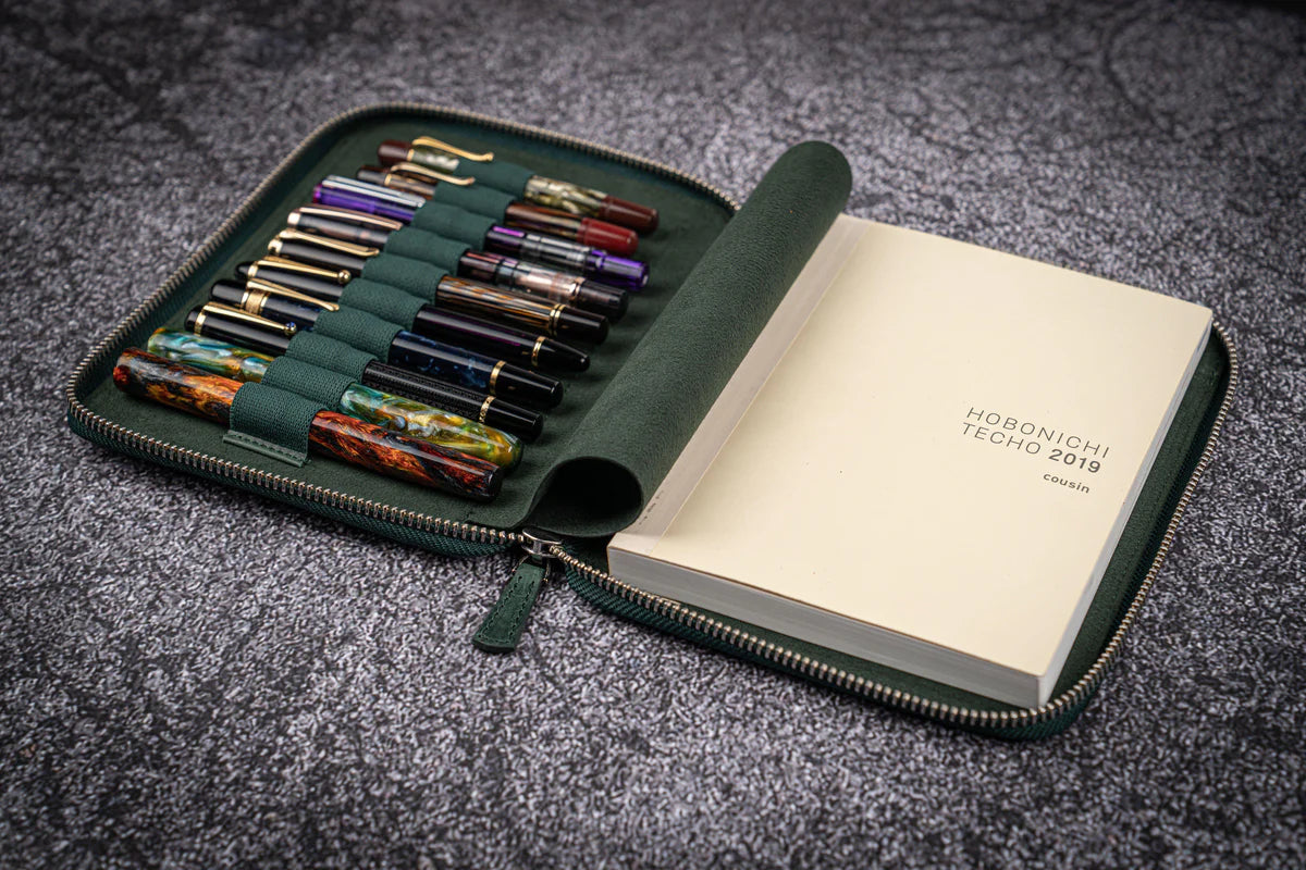 Galen Leather - Leather Zippered 10 Slots Pen Case with A5 Notebook Holder