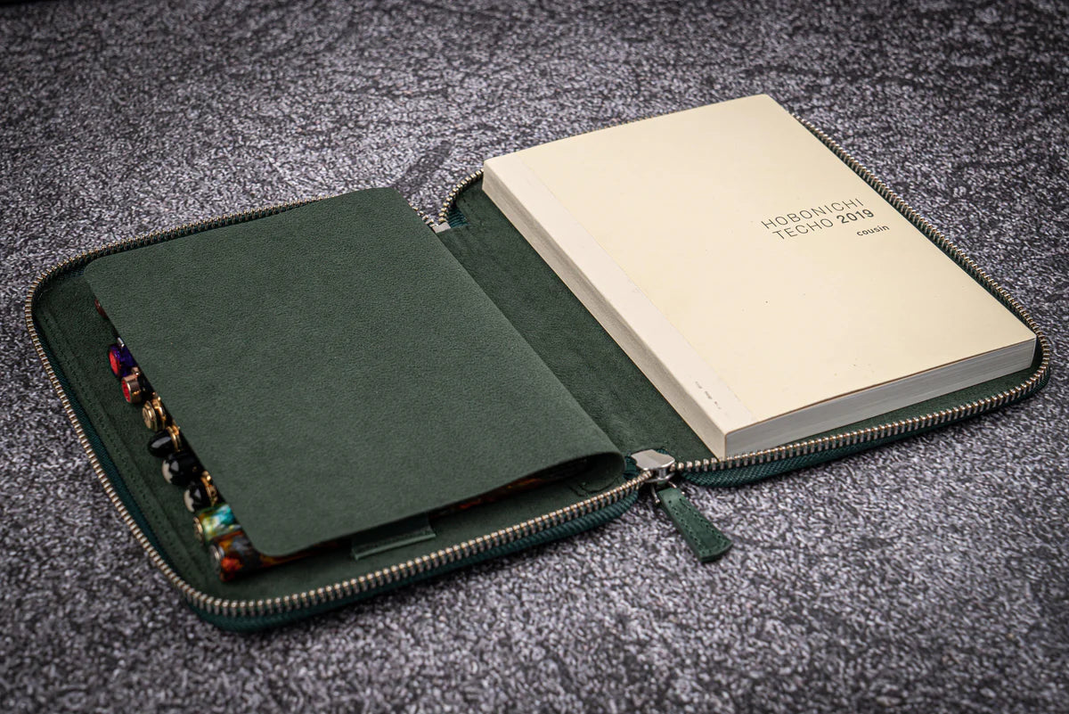 Galen Leather - Leather Zippered 10 Slots Pen Case with A5 Notebook Holder