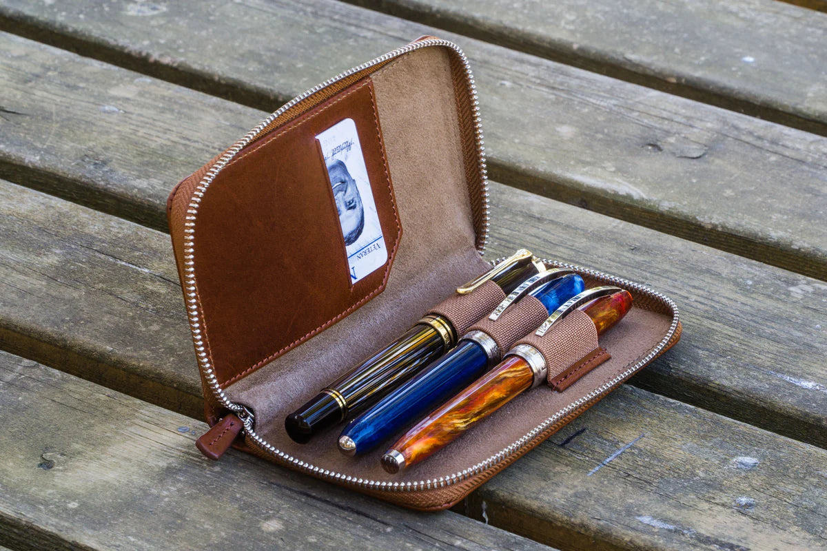 Galen Leather - Leather Zippered 3 Slots Pen Case
