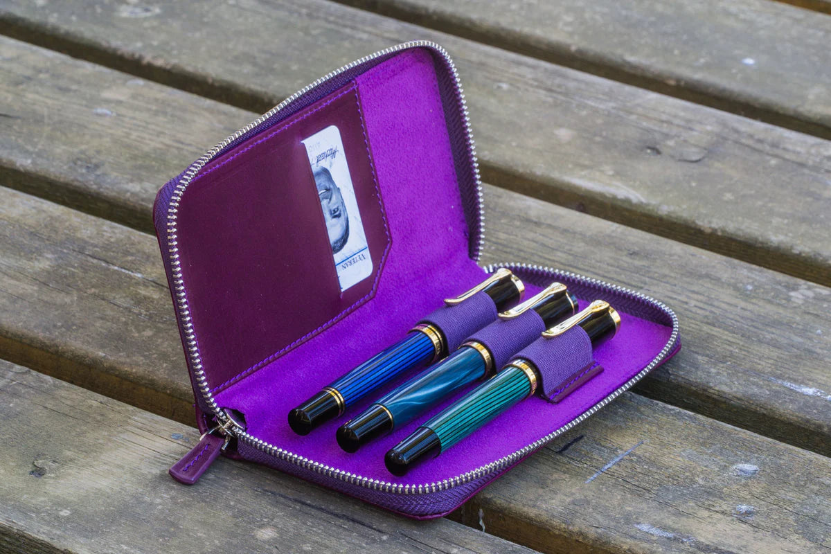 Galen Leather - Leather Zippered 3 Slots Pen Case