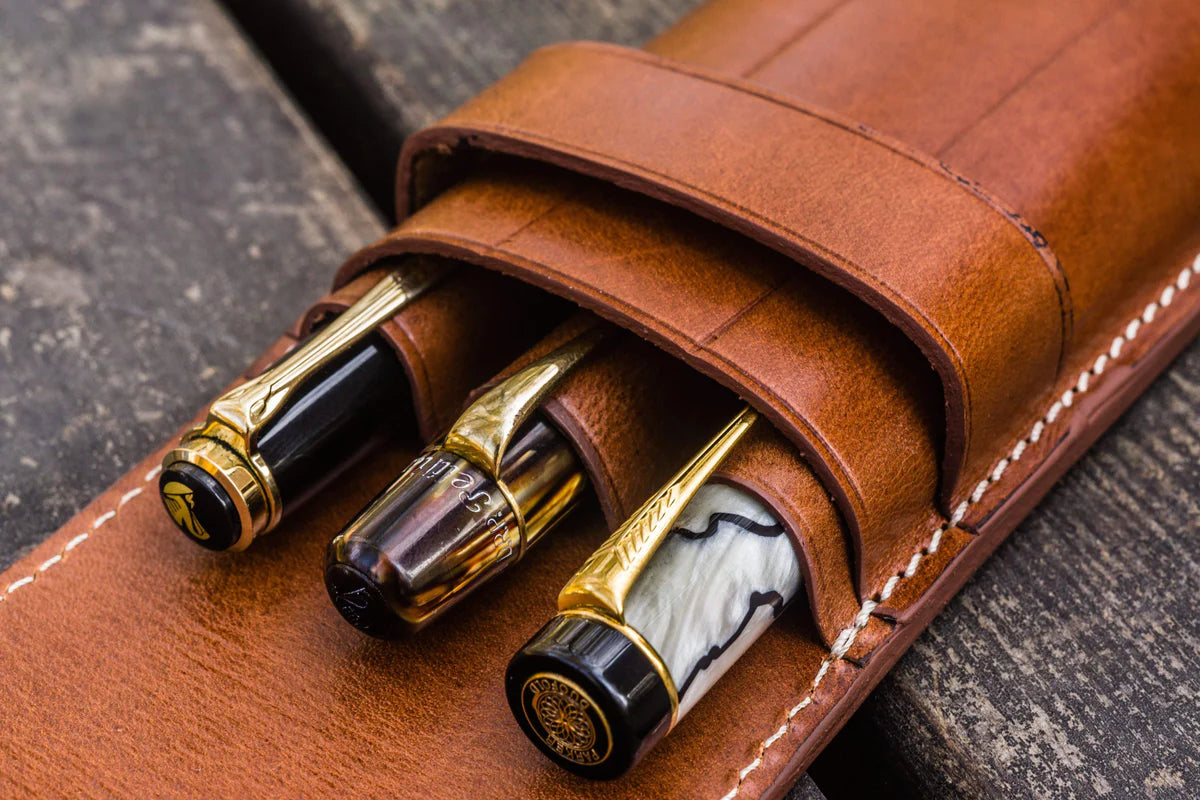 Galen Leather - Leather Flap Pen Case for Three Pens