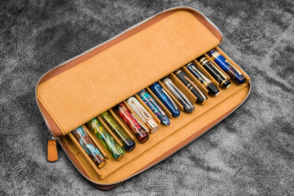 Galen Leather - Leather Zippered Magnum Opus 12 Slots Hard Pen Case with Removable Pen Tray