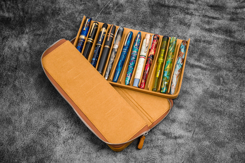 Galen Leather - Leather Zippered Magnum Opus 12 Slots Hard Pen Case with Removable Pen Tray
