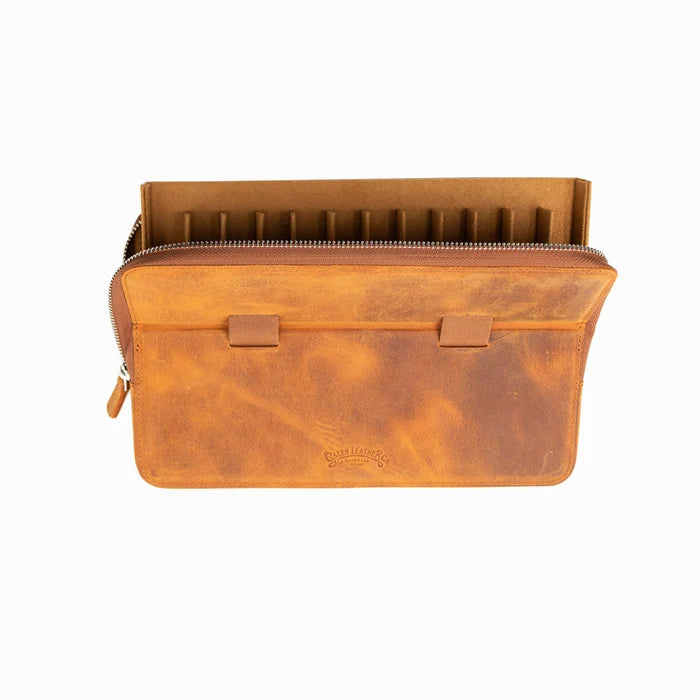 Galen Leather - Leather Zippered Magnum Opus 12 Slots Hard Pen Case with Removable Pen Tray