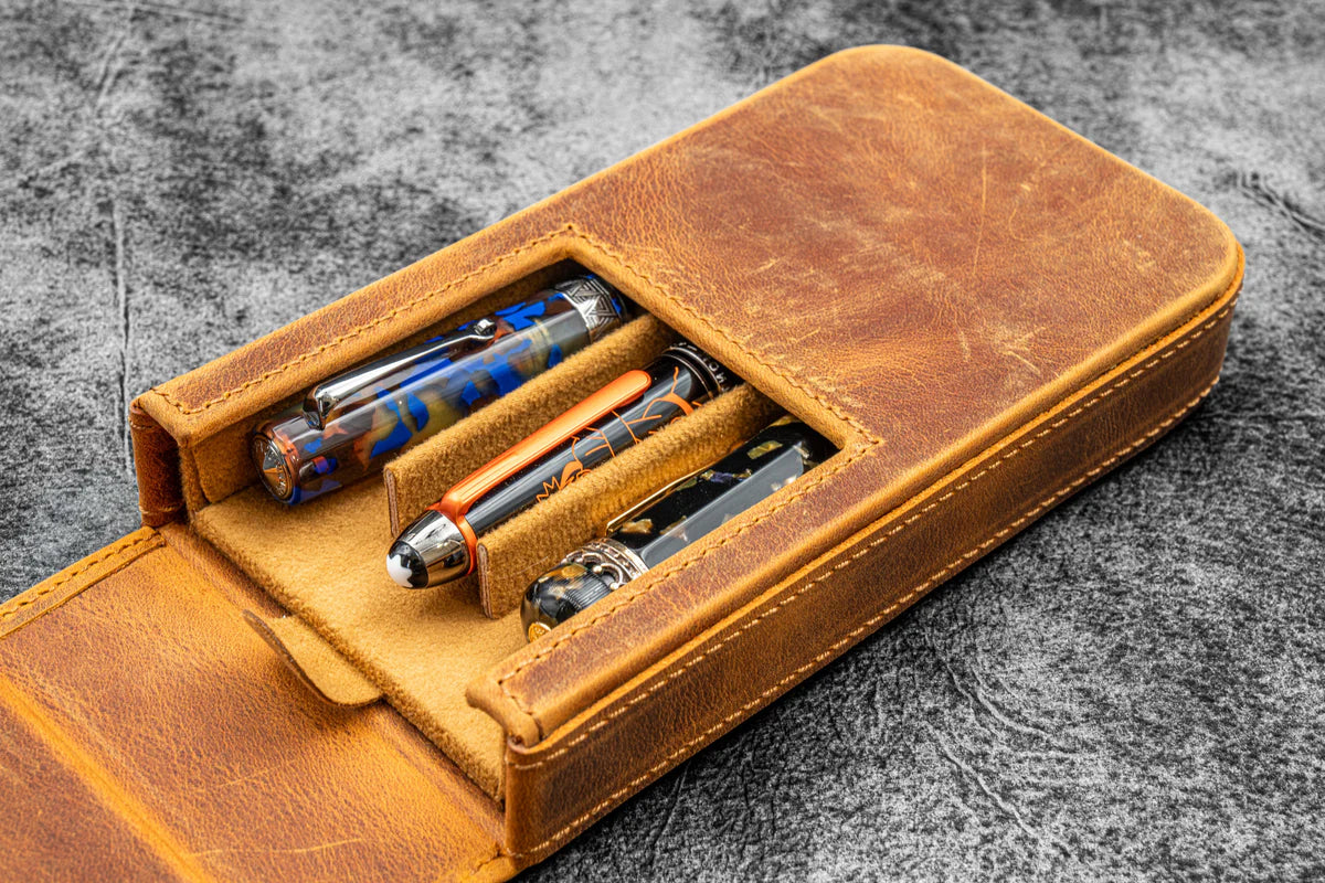 Galen Leather - Leather Magnum Opus 3 Slots Hard Pen Case with Removable Pen Tray