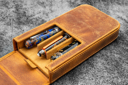 Galen Leather - Leather Magnum Opus 3 Slots Hard Pen Case with Removable Pen Tray
