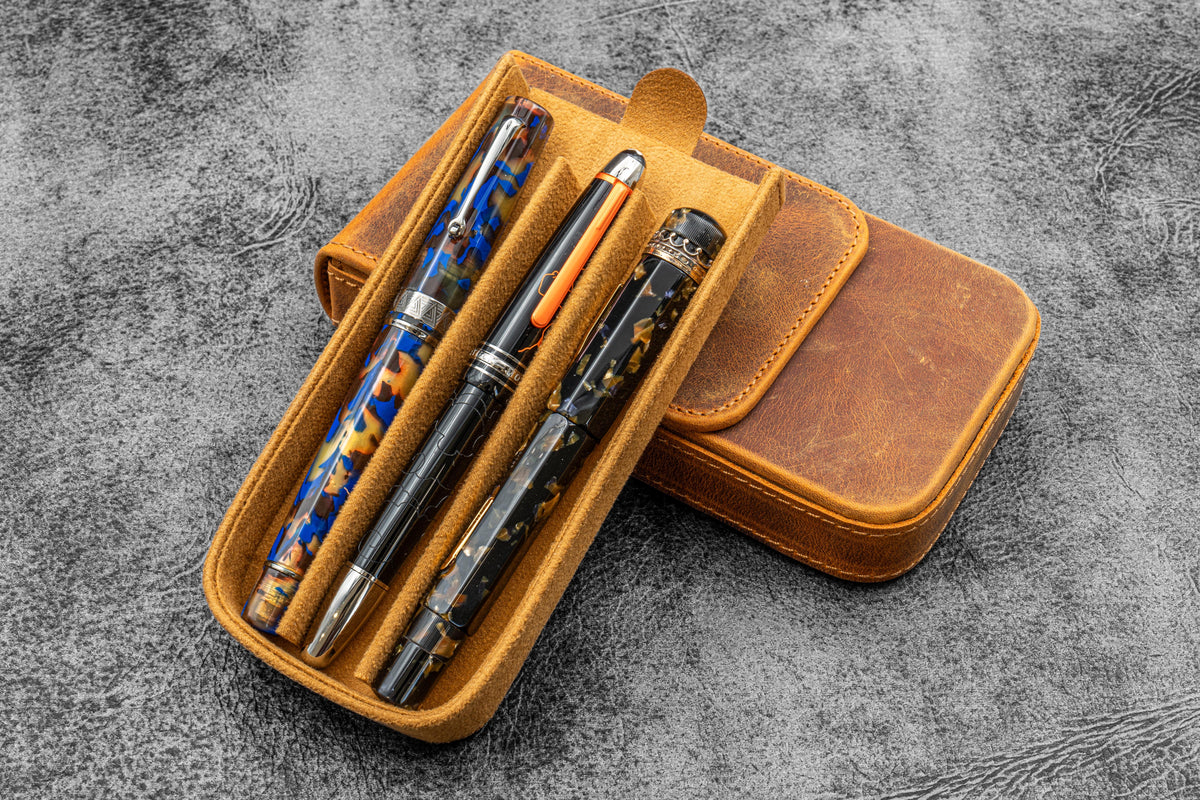 Galen Leather - Leather Magnum Opus 3 Slots Hard Pen Case with Removable Pen Tray