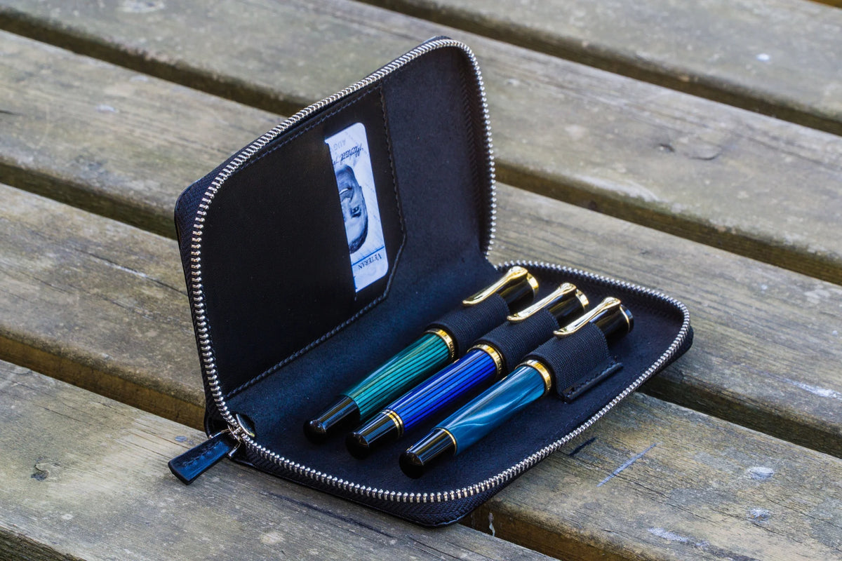 Galen Leather - Leather Zippered 3 Slots Pen Case