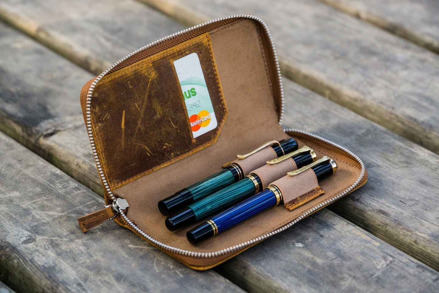 Galen Leather - Leather Zippered 3 Slots Pen Case