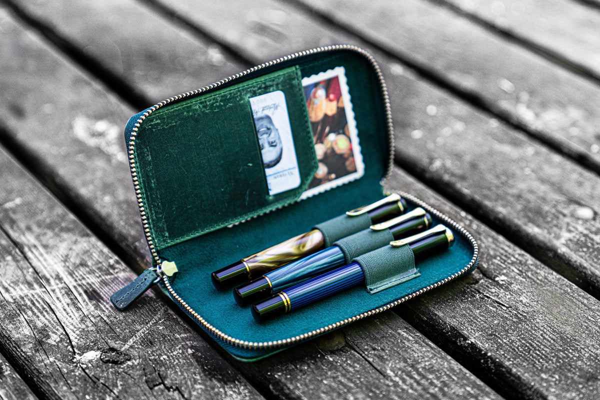 Galen Leather - Leather Zippered 3 Slots Pen Case
