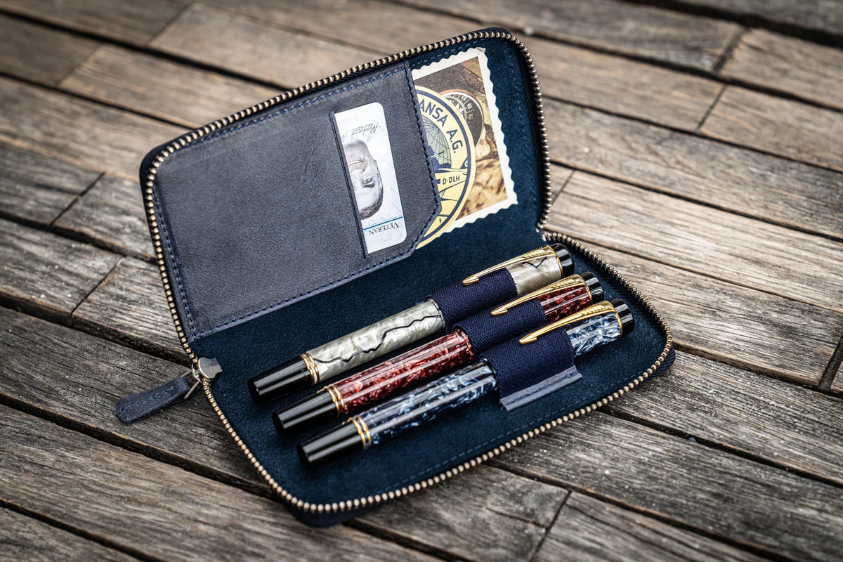 Galen Leather - Leather Zippered 3 Slots Pen Case