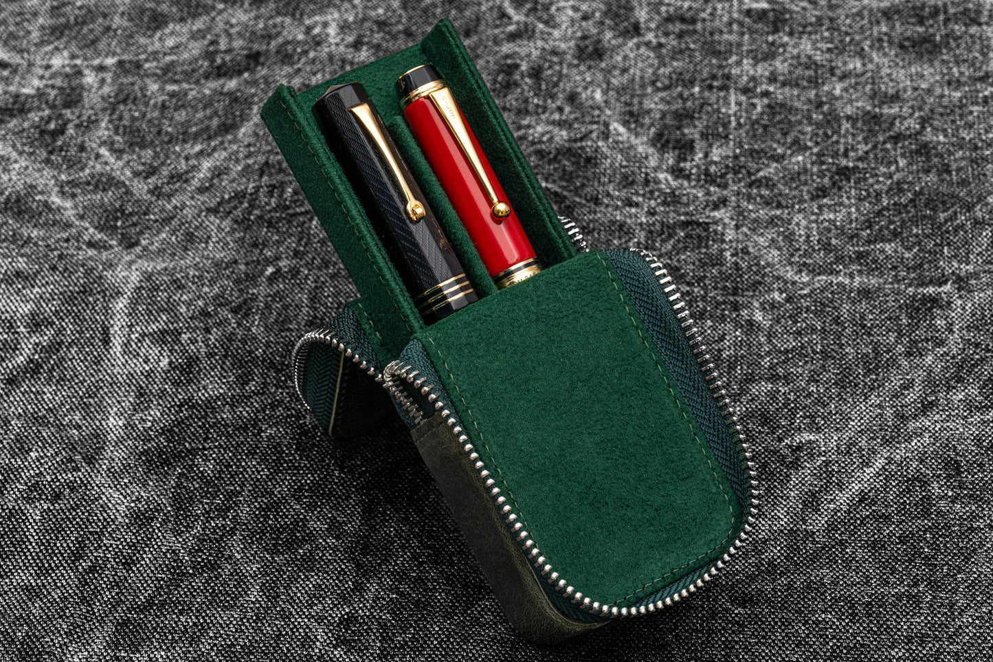 Galen Leather - Leather Zippered Magnum Opus 2 Slots Hard Pen Case with Removable Pen Tray