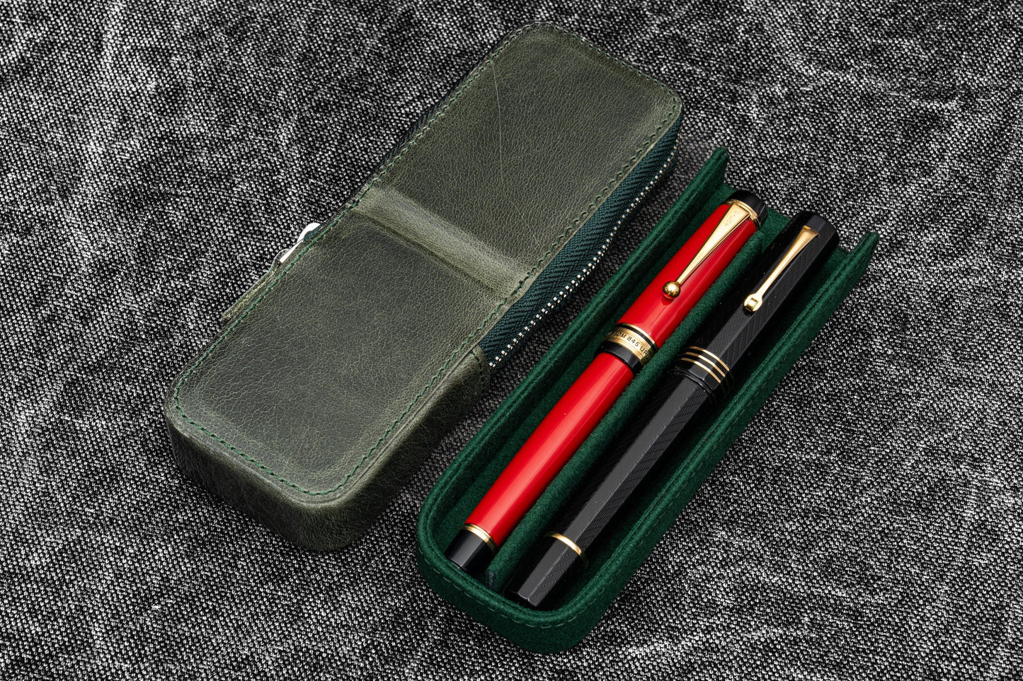Galen Leather - Leather Zippered Magnum Opus 2 Slots Hard Pen Case with Removable Pen Tray