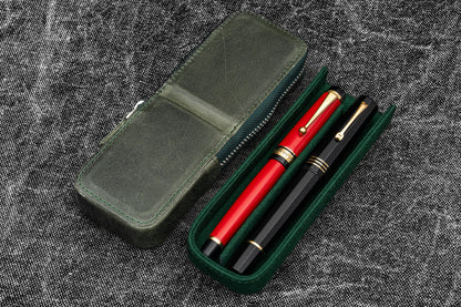 Galen Leather - Leather Zippered Magnum Opus 2 Slots Hard Pen Case with Removable Pen Tray