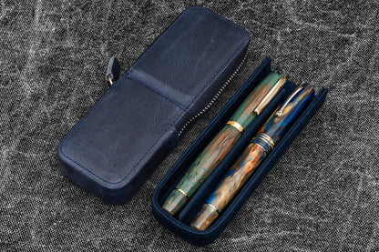 Galen Leather - Leather Zippered Magnum Opus 2 Slots Hard Pen Case with Removable Pen Tray