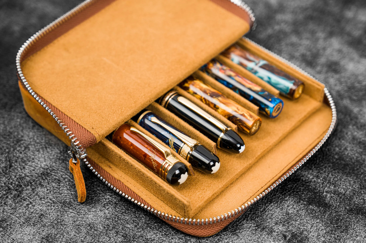 Galen Leather - Leather Zippered Magnum Opus 6 Slots Hard Pen Case with Removable Pen Tray