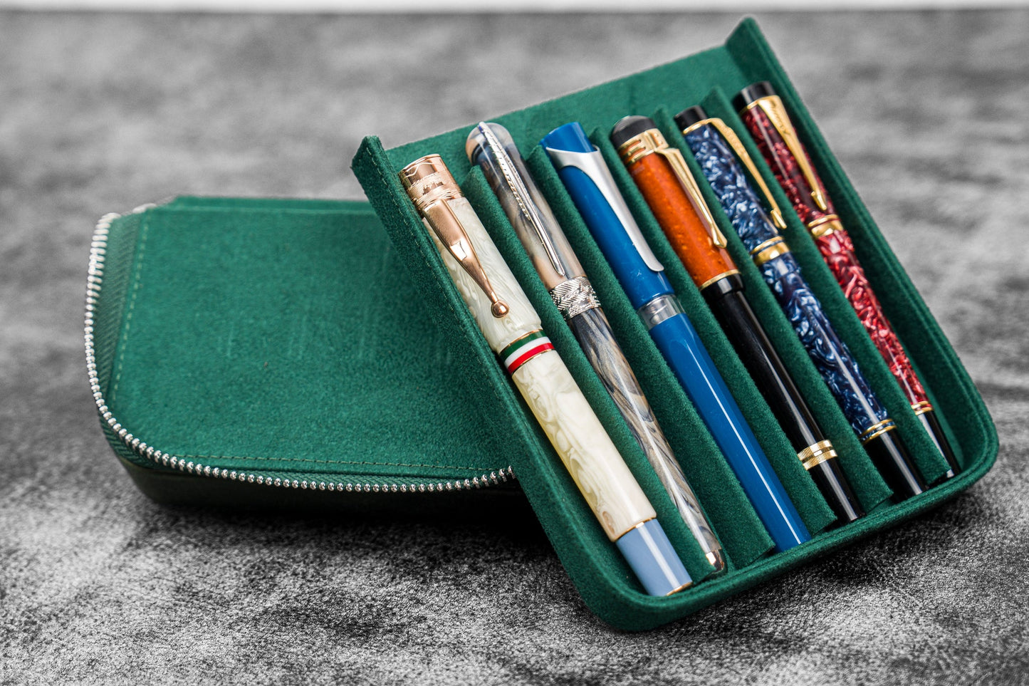 Galen Leather - Leather Zippered Magnum Opus 6 Slots Hard Pen Case with Removable Pen Tray