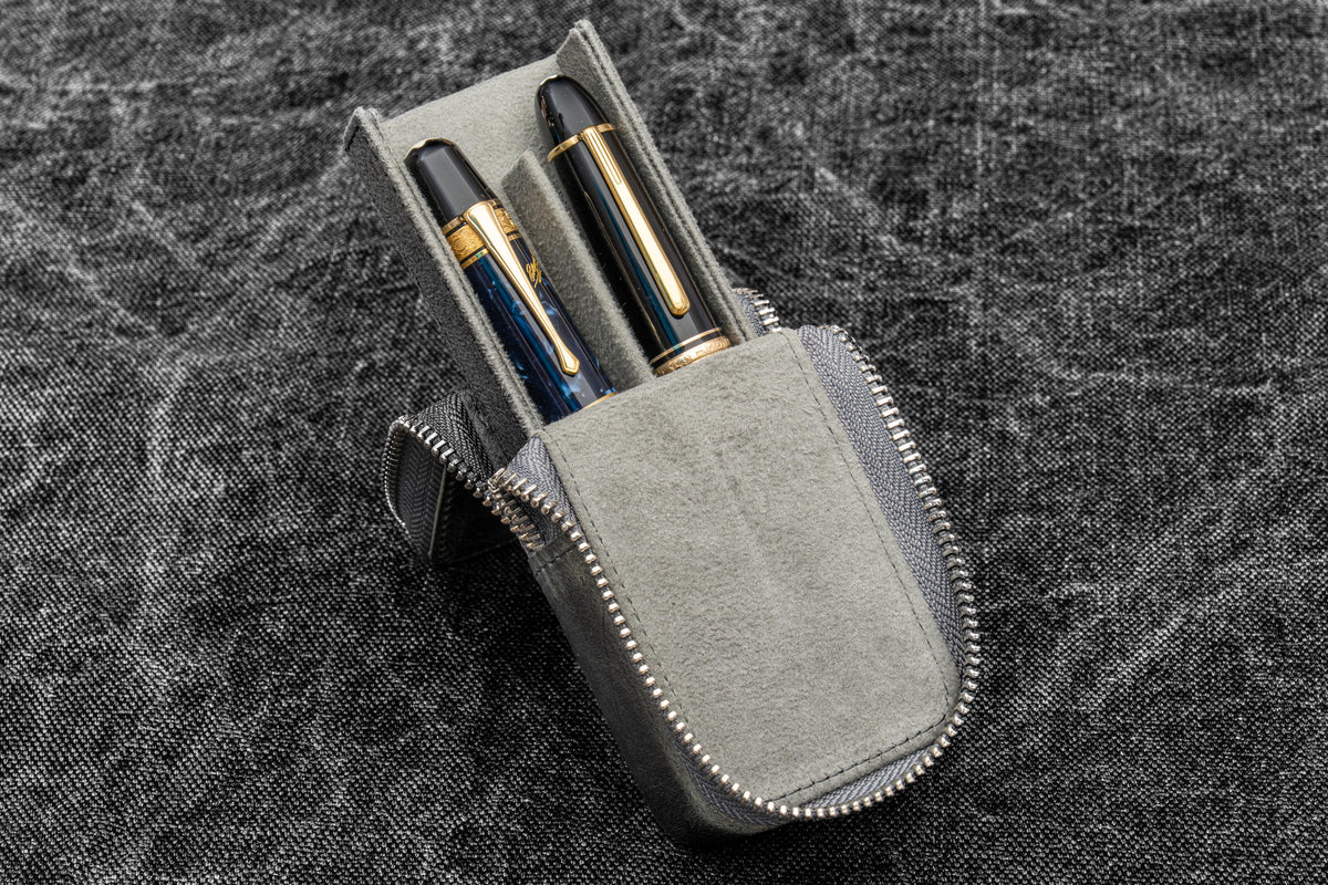 Galen Leather - Leather Zippered Magnum Opus 2 Slots Hard Pen Case with Removable Pen Tray