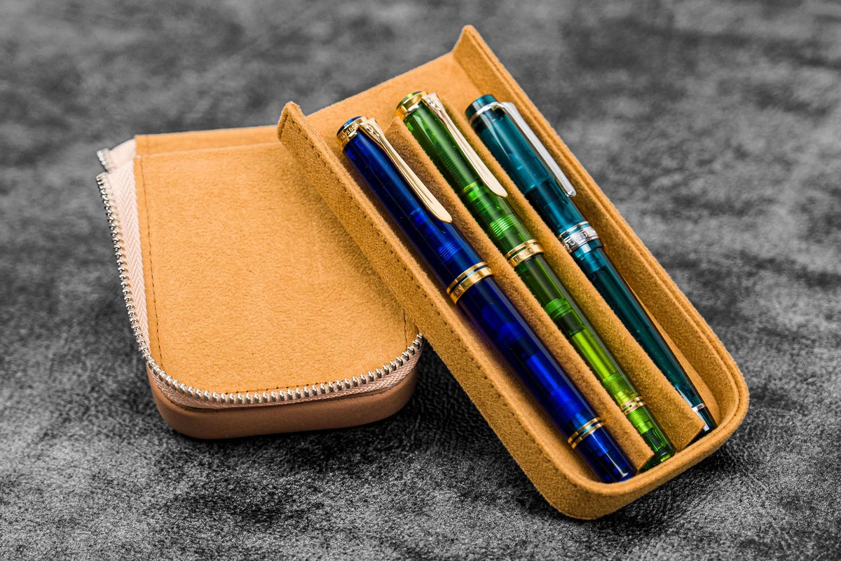 Galen Leather - Leather Zippered Magnum Opus 3 Slots Hard Pen Case with Removable Pen Tray