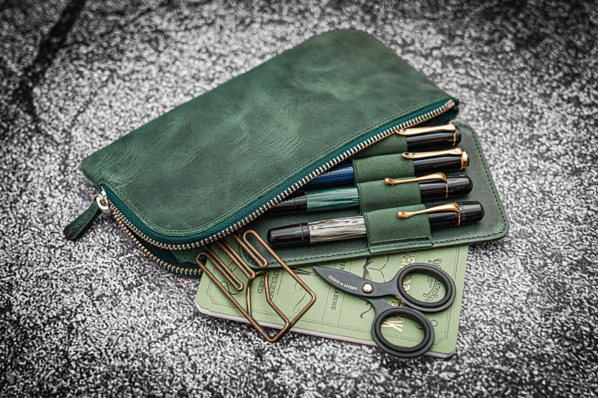 Galen Leather - Leather Slip-N-Zip 4 Slots Zippered Pen Pouch